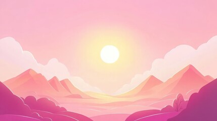 Pink sunset landscape with minimalistic mountains and clouds.