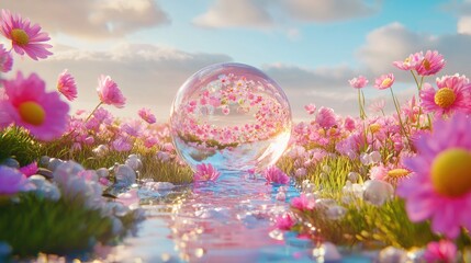 Glass 3D text 'kitsch romantic', cute large numbers, round shape, girlish color, a dreamy background, grass on the ground, a river flowing through 