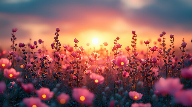 Enchanted Sunset &ndash; A Field of Flowers Illuminated at Blue Hour