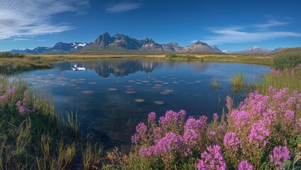 Naklejka premium Breathtaking Landscape of Tranquil Mountain Lake Surrounded by Vivid Wildflowers and Majestic Peaks Under a Clear Blue Sky