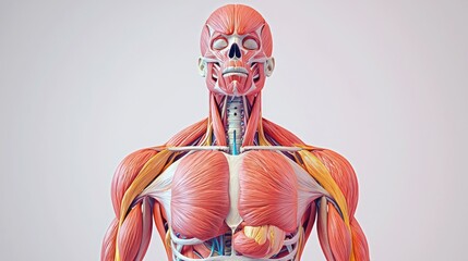 Anatomic illustration a muscular system and skeleton a human torso, scientifically accurate with vibrant colors,