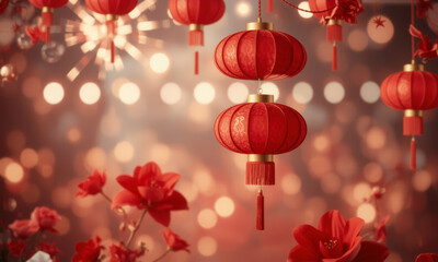 Fototapeta premium Red lanterns and flowers create festive atmosphere for Lunar New Year celebrations, symbolizing joy and prosperity. vibrant colors enhance celebratory mood