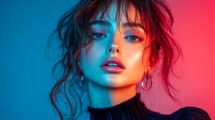 Fototapeta premium Young woman with wavy hair and hoop earrings in colorful lighting