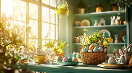 Sunny Easter Table Setting with Decorated Eggs and Spring Flowers