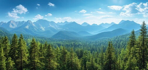 Breathtaking Panoramic View of Serene Mountain Landscape with Lush Green Forests and Clear Blue Skies Under Bright Sunlight in a Picturesque Natural Setting