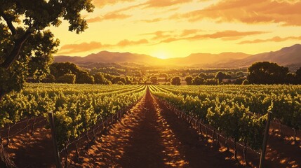 Fototapeta premium Tranquil vineyard at sunset, with rows of grapevines stretching into the distance