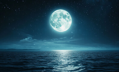 A serene seascape featuring a bright full moon reflecting over calm waters.