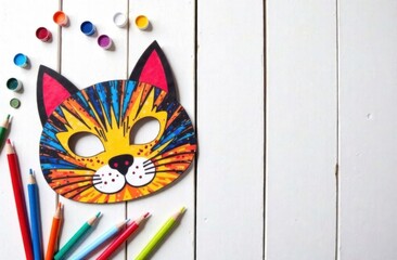 Top view, handmade. On the left is a paper cat mask, painted with multi-colored pencils, paints and pencils are scattered chaotically nearby on a white wooden table, the mask is made in bright positiv