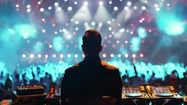 Back view of dj on the concert with many people