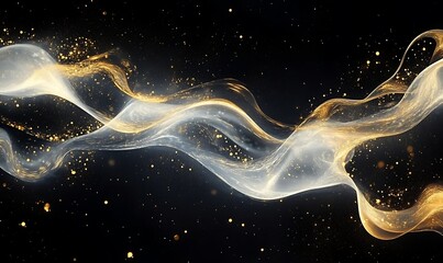abstract fluid art with swirling gold and white light streams digital particles forming elegant patterns against a deep black background luxurious and hightech aesthetic, Generative Ai