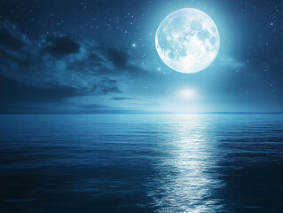 A serene seascape featuring a bright full moon reflecting over calm waters.