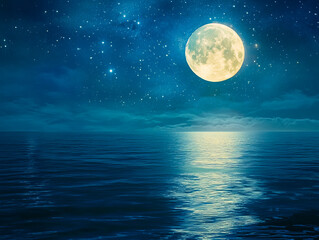 Fototapeta premium A serene seascape featuring a bright full moon reflecting over calm waters.