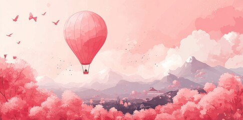 Fototapeta premium Pink Hot Air Balloon Soaring Over a Scenic Landscape