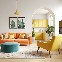 Living Room, Modern Decor, Modern Style, Modern Living Room, Sunlit Living Room Featuring Vibrant Orange Sofa and Mustard Accent Pillows