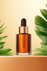 Amber glass dropper bottle of essential oil on a beige surface, flanked by lush green tropical leaves.