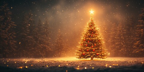 Illuminated Christmas tree glowing in snowy forest at night, magical winter scenery, festive holiday ambiance, seasonal beauty, cozy outdoor celebration, atmospheric warm glow