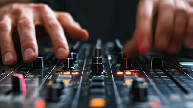 close up of dj hands controlling music table