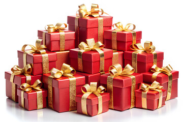 Obraz premium Piles of Red Christmas gift boxes with gold ribbon on isolated white background, Clipping path