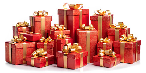 Red Christmas gift boxes with gold ribbon, Difference sizing. on isolated white background, Clipping path