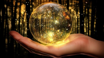 A hand gently cradles a glowing golden sphere that reflects a forest scene, adding a magical and enchanting element. Sparkles surround the orb, enhancing its mystical aura. AI generated.