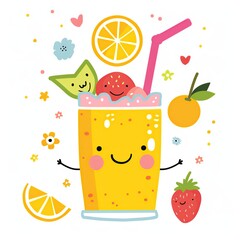 Cute lemonade with fruits illustration in cartoon style.	