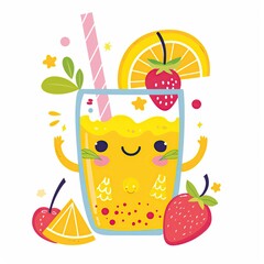 Cute lemonade with fruits illustration in cartoon style.	