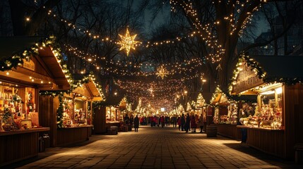 Illuminated Christmas market street at night with glowing star lights, festive stalls, and seasonal decorations creating a magical holiday shopping atmosphere in a vibrant urban setting.