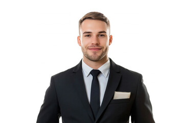 Confident young businessman in a suit, smiling, isolated on transparent or white background