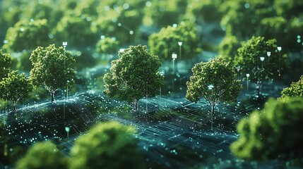 Lush green forest with digital elements showcasing nature and technology integration.