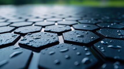 Close-Up View of Water Droplets on Hexagonal Patterned Surface