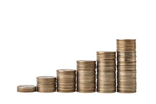 A stack of coins gradually increasing in height, symbolizing growth or financial progression, isolated on a transparent background