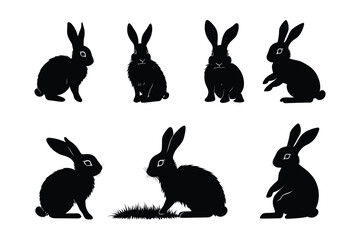 Obraz premium Black Rabbit Silhouettes in Various Sitting and Eating Poses