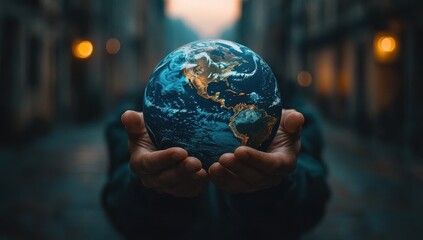 Fototapeta premium Hands Holding a Globe Against a Blurred City Background - A Symbol of Global Unity, Environmental Awareness, and Human Connection in Urban Settings
