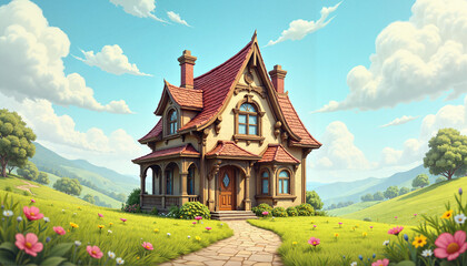 Obraz premium Whimsical cartoon house with exaggerated features in vibrant colors and soft daylight