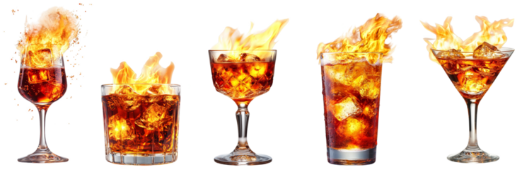 fiery cocktails in various glasses with ice transparent background