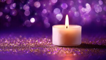 Serene candle on glittering surface with magical purple bokeh background