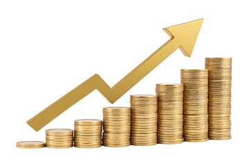 Stacks of coins in increasing height, overlaid with a zigzagging golden arrow pointing upward, representing market or financial trends, isolated on a transparent background