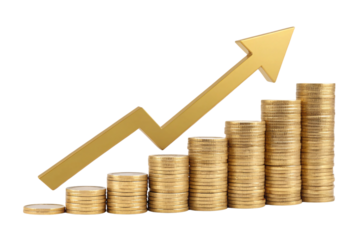 Stacks of coins in increasing height, overlaid with a zigzagging golden arrow pointing upward, representing market or financial trends, isolated on a transparent background