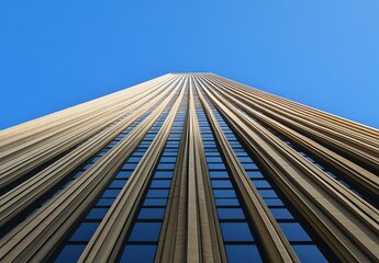 Imposing Skyscraper Reaching Toward Clear Blue Sky with Vertical Lines and Reflection of Windows in Modern Urban Architecture