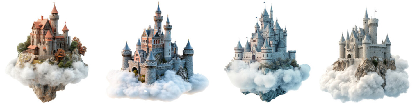 Majestic castle collection floating above clouds in different styles transparent background