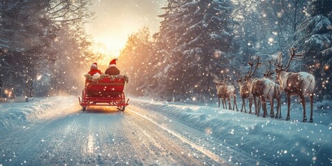 Reindeer pulling a festive red sleigh in snowy winter forest, glowing sunlight, magical holiday scene, serene landscape, Christmas charm, seasonal joy, snowy wonderland.