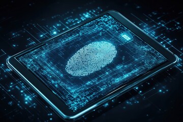 Isometric illustration of biometric fingerprint on a digital screen interface