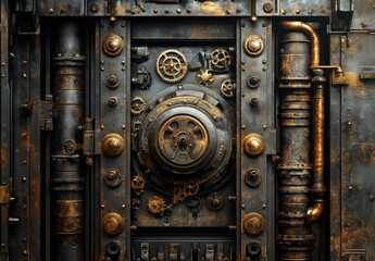 Intricate Steampunk Vault Door with Gears and Pipes Highlighting the Fusion of Vintage Mechanics and Industrial Aesthetic in a Dark, Textured Environment