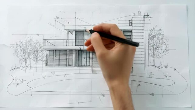 Top view of female hand with pencil drawing house architect design sketch
