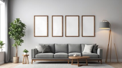 Modern Scandinavian interior mock up picture frame on white wall. beautiful clean interior