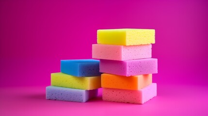 Stacked Colorful Sponges on a Pink Background