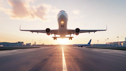 Commercial airplane landing on runway at sunset with cityscape in background