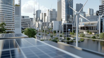 Modern cityscape with solar panels and wind turbines highlighting renewable energy sources.