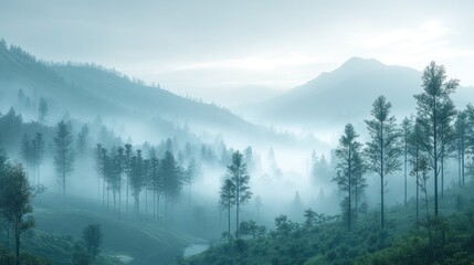 Obraz premium Misty mountain valley with evergreen trees at dawn.