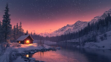 Fototapeta premium Rustic cabin glowing warmly in snowy winter forest under a starry night sky, cozy holiday retreat, peaceful seasonal ambiance, scenic nature, illuminated Christmas atmosphere.